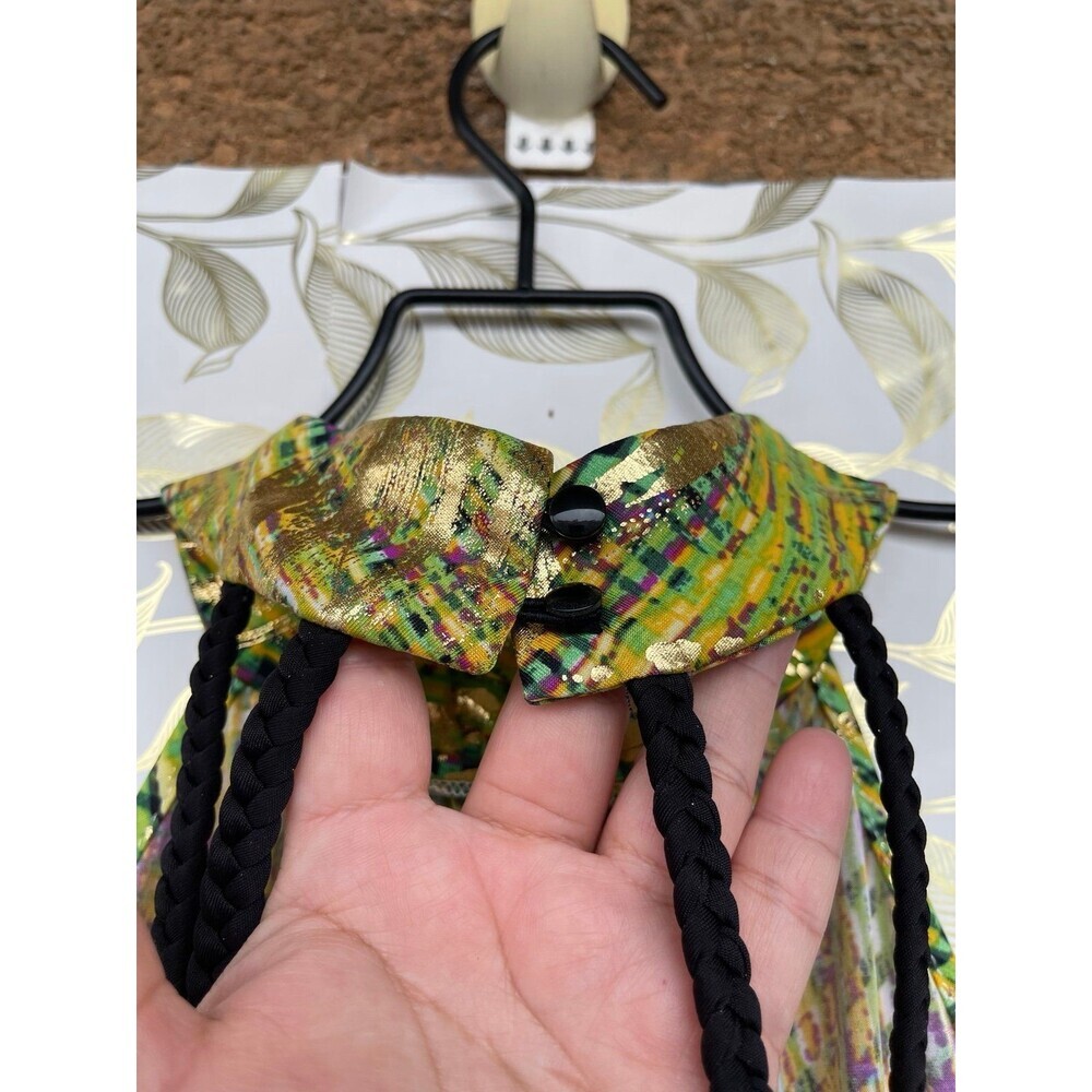 VavaVoom Gold Metallic Halter Jumpsuit Green Y2K Cyber Glam Wide Leg Open Back M - Picture 10 of 11